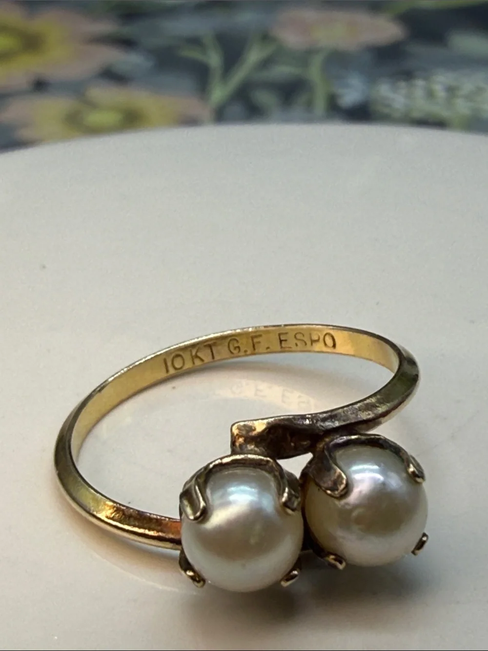 👑Vintage ESPO 10K Gold Filled Toi et Moi Bypass Pearl Ring Sz 8